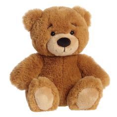 a brown teddy bear sitting up against a white background