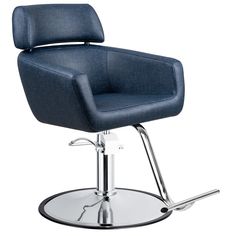 a blue chair with chrome legs on a white background