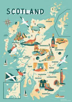 an illustrated map of scotland with all the major cities and their flags on it's sides