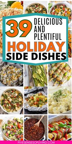 the cover of 39 delicious and plentiful holiday side dishes, with images of different foods