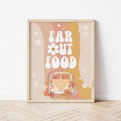 a framed poster with the words grooy goodies in front of an orange and pink background