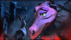 the dragon and rabbit are facing each other in front of an evil looking man with green eyes