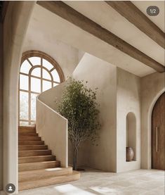 a tree sitting in the middle of a room next to a stair case and window