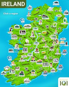 the map of ireland is shown with many different things to see and do on it