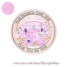 a pink plate with two candles on it and the words your business name here in gold lettering