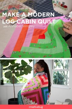 a woman is making a modern log cabin quilt