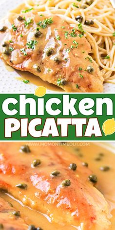 chicken picatta with lemon sauce and capers on top is shown in this recipe