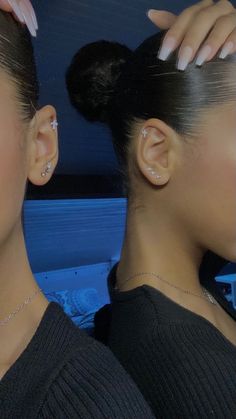 2 Ears Piercing, New Piercing Ideas Face, Ears Pierced Ideas, Baddie Jewelry Aesthetic, Both Ear Piercings Ideas, Pretty Piercings Ear, Baddie Piercing Ideas, Bun Hairstyle Curly Hair, Pircing Ears Girl