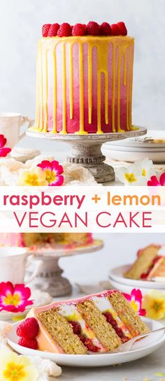 raspberry and lemon vegan cake on a plate