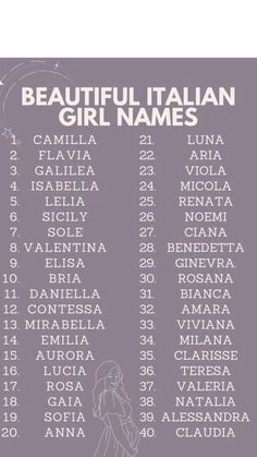 the beautiful italian girl names are shown in white on a purple background, with an illustration of a woman's face