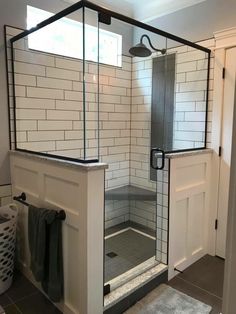 a walk in shower sitting inside of a bathroom