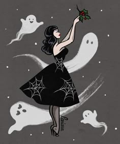 a woman in a black dress holding a red rose while flying through the air with ghost behind her