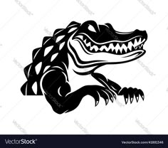 an alligator with sharp teeth in black and white colors on a white background, suitable for use