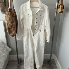 Long Sleeve White Denim Jumpsuit Never Worn White Denim Jumpsuit, Denim Jumpsuit, White Denim, White Long Sleeve, Pant Jumpsuit, Jumpsuit Romper, Color White, Pants For Women, Jumpsuit