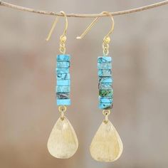 Earrings Handmade Folksy, Affordable Handmade Gold Beaded Earrings, Cheap Handmade Earrings For Vacation, Cheap Handmade Summer Earrings, Turquoise Dangle Earrings, Brass Pendants, Turquoise Earrings Dangle, Beaded Earrings Patterns, Earring Tutorial