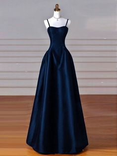 Prom Dresses Dark Blue Long, Dark Blue Ball Dress, Simple Ball Dress, Simple Elegant Prom Dresses, Dark Blue Dress Formal, Dark Blue Evening Gown, Simple Long Gown, Dark Blue Satin Dress, Prom Dresses Dark Blue