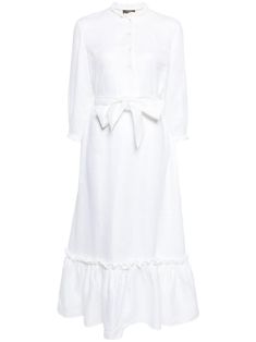 white linen round neck front button fastening long sleeves tied waist ruffle hem This item contains at least 50% materials which are certified or widely recognised as having a lower environmental impact through production and/or manufacturing processes that reduce water consumption and the use of harmful chemicals, or re-use by-products of the production process. Learn more about what makes a product Conscious on our Conscious Criteria page Ruffle Linen, Water Consumption, Harmful Chemicals, Environmental Impact, Linen Dress, Dress White, White Linen, Ruffle Hem, Production Process