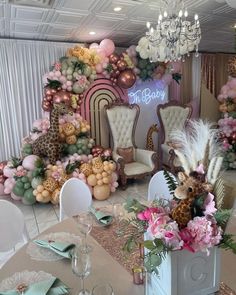 a room filled with lots of tables and chairs covered in pink, gold and white balloons