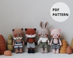 four crocheted stuffed animals are lined up on a shelf with the text, free pattern