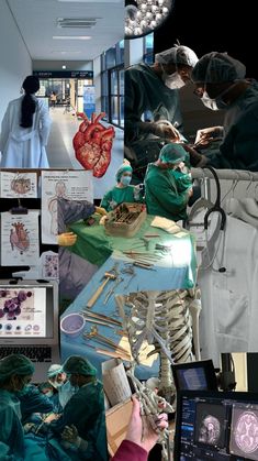 doctors and medical staff in an operating room with images of heart, lungs, mris