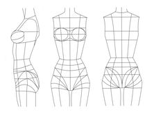 the front and back view of a female mannequin, with measurements for each body