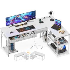 a computer desk with two monitors, keyboard and mouse on top of it in front of a white background