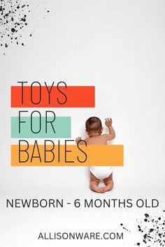 a baby sitting on top of a white floor next to a sign that says toys for babies