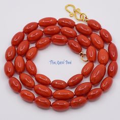 Thank you for coming in! Classic 18K solid gold necklace with Mediterranean Sardinia Coral bead in tomato red color and rare olive shape, no dye, 100% natural tomato red color. Strung with 18k solid gold diamond clasp, 130.95ct! Manufactured in Italy, AAA quality! You'll get the necklace you see! SIZE of coral: Appr. 6mmx9.8mm-8mmx13.5mm MATERIAL: 18k Solid gold, Natural precious coral, diamond Red Coral Oval Bead Jewelry As Gift, Oval Beads Red Coral Jewelry Gift, Handmade Red Oval Necklace, Red Coral Oval Beads Jewelry, Red Oval Carnelian Necklace, Luxury Red Necklace With Polished Beads, Red Carnelian Oval Necklace, Red Gemstone Necklace With Oval Beads, Classic Oval Handmade Necklaces