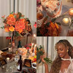 a woman sitting at a table in front of a cake and flowers with candles on it