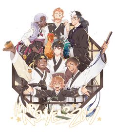 an anime poster with many different people in black and white outfits, all posing for the camera