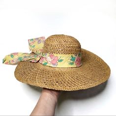 Vintage Atlas Cottagecore Wide Brim Straw Hat Nwt Yellow Floral Band With Bow, Woven Stiff Straw Hat. Vintage Price Tag Attached Cottagecore, Feminine, Garden Party, Floral, Straw Hat, Paper Boy Hat, Art Deco Hats, Tartan Hat, Leather Bucket Hat, Floral Fascinators, Terry Cloth Robe, Rabbit Fur Hat, Wide Brim Straw Hat, Beige Hat