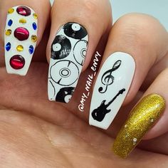 Music Theme Nails, Elvis Nails Art, Guitar Nails Design, Music Nails Design, Rock Nails Designs, Elvis Nails, Rock N Roll Nails, Guitar Nails, Music Nail Art