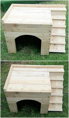 two pictures of the same dog house made out of pallets