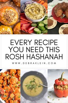 Collage of Rosh Hashanah Recipes with a text overlay. Rosh Hashanah Recipes Vegetarian, Rosh Hashana Vegetable Recipes, Sephardic Rosh Hashanah Recipes, Rosh Hashanah Menu Ideas, Rosh Hashanah Appetizers, Traditional Rosh Hashanah Recipes, Rosh Hashanah Recipes Side Dishes, Rosh Hashanah Desserts