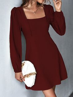 A-Line High Waisted Solid Color Split-Joint Square-Neck Mini Dresses BURGUNDY-S Leisure Fashion, Square Neck Dress, Maxi Dress Formal, Long Sleeve Lace Dress, Daily Dress, Flowy Skirt, Fashion Seasons, Mini Dress With Sleeves, Party Dresses For Women