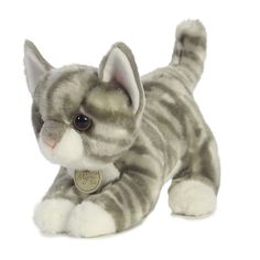 a small gray and white kitten stuffed animal