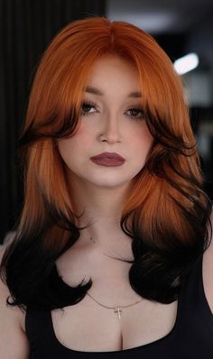 Black Red Orange Hair, Hair Colour Ideas Orange, Copper And Black Color Block Hair, Ginger With Black Tips, Black Hair With Orange Tips, Fox Inspired Hair, Orange Hair With Black Tips, Orange Hair Black Tips, Fox Tip Hair