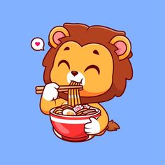 a lion eating ramen with chopsticks in its mouth and holding a bowl