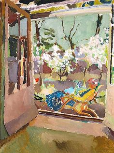 a painting of a person sitting in a chair looking out a window at the trees outside