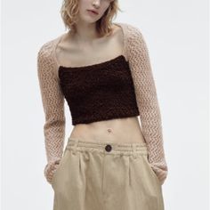 Genuine Zara New With Tag Material: 45% Acrylic, 35% Polyamide, 12% Wool Color: Cream/ Brown Unique Knit Cropped Top With Crochet Sleeves And Shearling Details. Looks Great With Wide Leg Pants, Keeps You Surprisingly Warm Fitted Neutral Sweater For Layering, Trendy Beige Knitted Tops, Chic Cropped Beige Sweater, Chic Beige Cropped Sweater, Cozy Beige Tops For Spring, Fitted Neutral Sweater For Spring, Chic Cream Long Sleeve Crochet Top, Fitted Soft Knit Beige Sweater, Fitted Beige Soft Knit Sweater