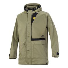 Adidas Multiple Pockets Hooded Jacket Green H40229 (Men's) Sporty Khaki Hooded Jacket For Outdoor, Khaki Waterproof Hooded Parka, Waterproof Hooded Khaki Parka, Adidas Outerwear With Adjustable Hood For Fall, Urban Hooded Sport Coat For Outdoor, Urban Sport Coat With Adjustable Hood For Fall, Urban Hooded Sport Coat With Pockets, Sporty Parka With Double-lined Hood For Outdoor, Urban Fall Sport Coat With Adjustable Hood