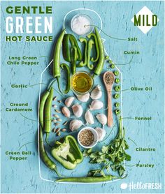 the ingredients for a green hot sauce on a blue background