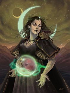 a woman holding a crystal ball in front of a moon and stars filled night sky