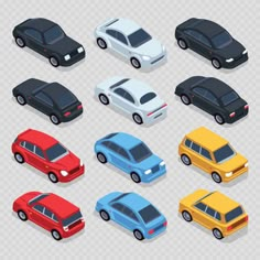 a set of cars in different colors and sizes, on a transparent background with shadows