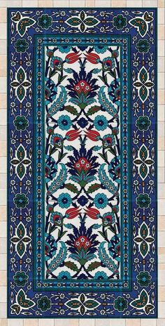 a blue and white rug with an ornate design on the front, in different colors