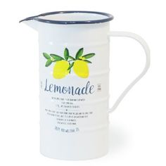 a white and blue mug with lemonade on it