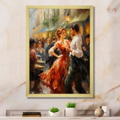 a painting of two people dancing in front of a group of people on a city street