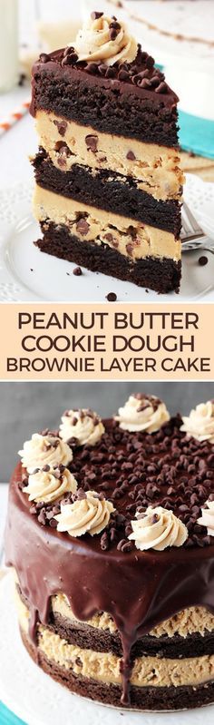 a chocolate peanut butter cookie dough brownie layer cake