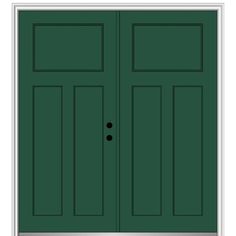 a green double door with two sidelights on the top and bottom panel, in front of a white background