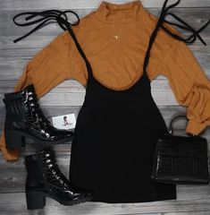 Black tied suspender skirt, black booties, black purse and pumpkin orange mock neck long sleeve crop top outfit Orange Fall Outfit, Mock Neck Outfit, Long Sleeve Cropped Top Outfits, Fall Aesthetic Outfit, Black Suspenders, Outfit 2022, Orange Outfit, Black Dress Outfits, Tumblr Outfits